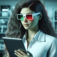 a pic showing a scientist holding an ipad and wearing red-green anaglyph glasses