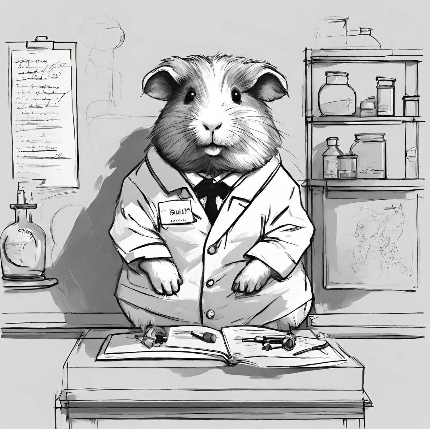 sketch of a guinea pig dressed up as a scientist in a science setting
