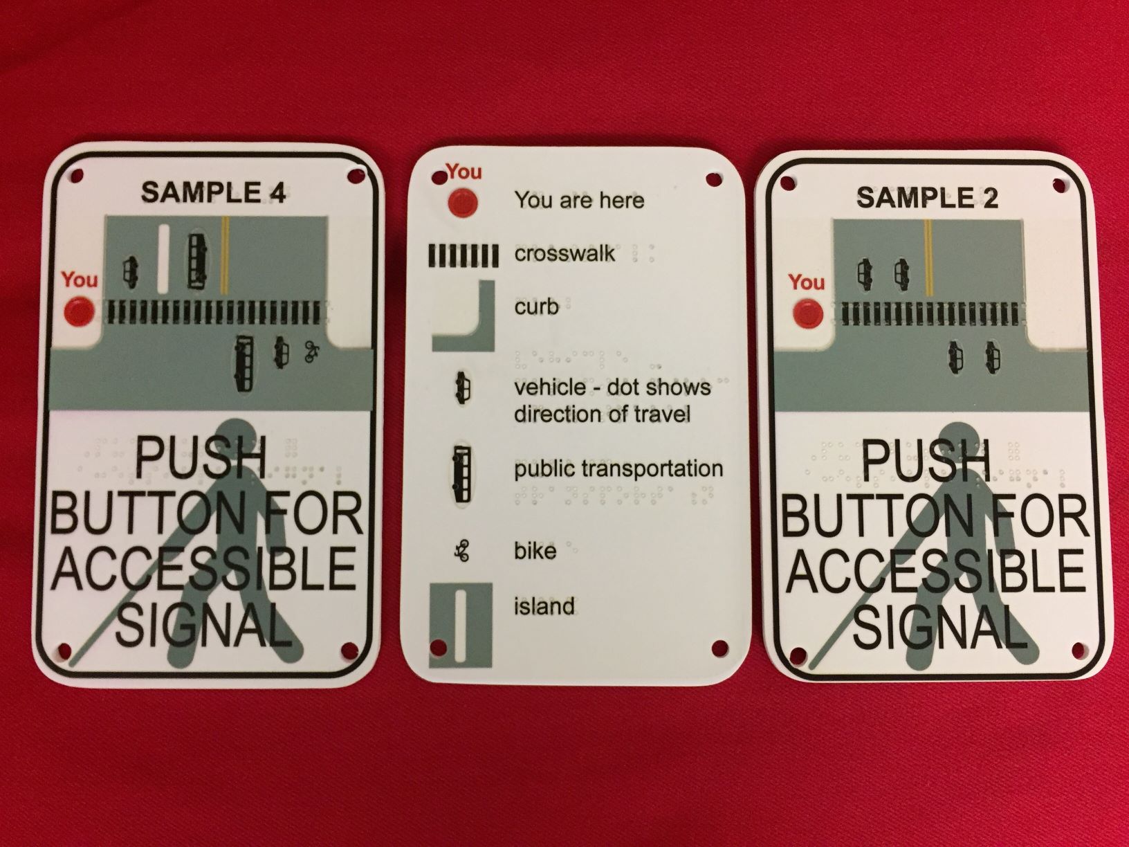 Three sample pedestrian crossing signs, key to symbols in the middle, samples to left and right