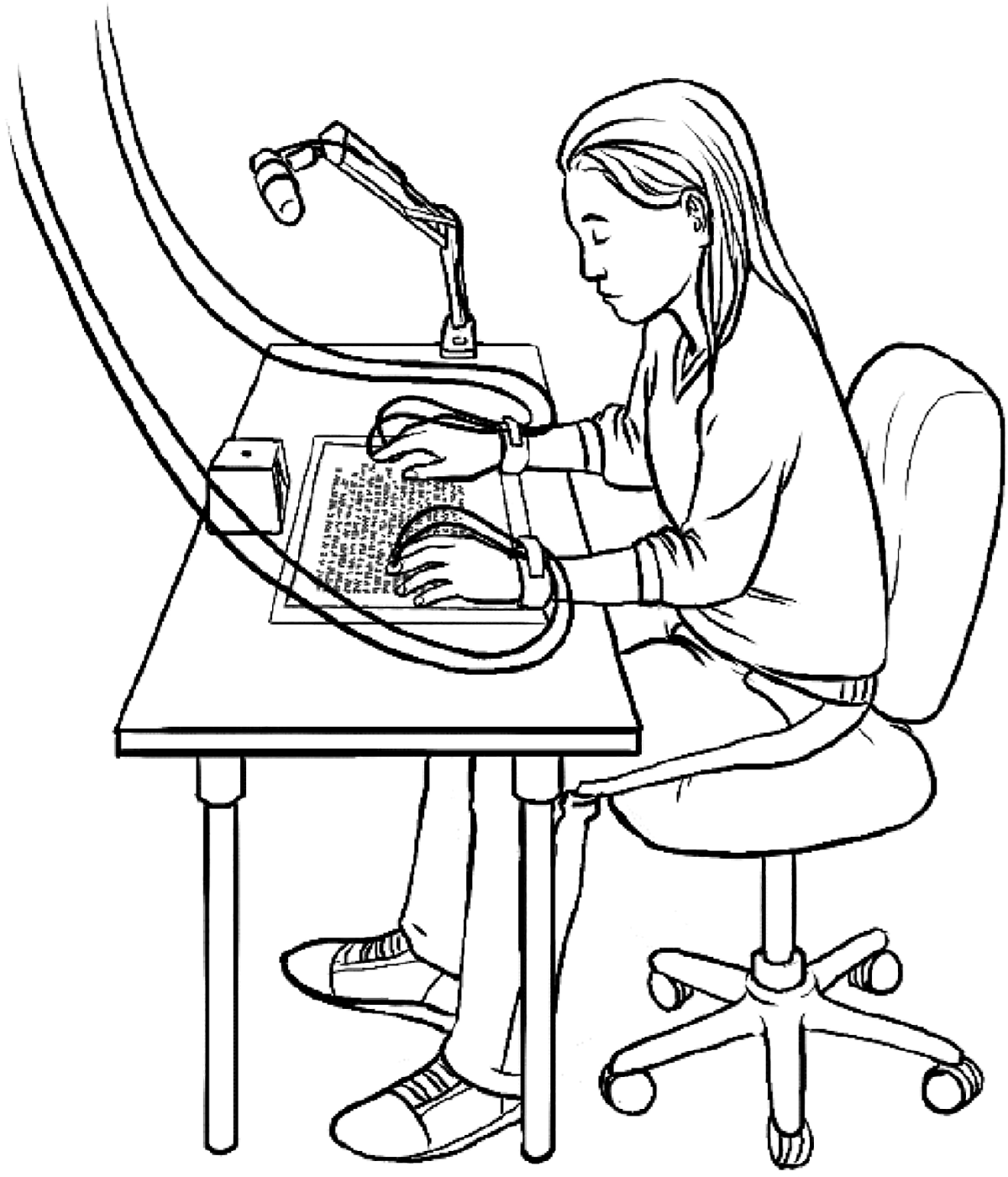 Pen and Ink graphic of person sitting in an office chair and reading braille with haptic sensors on their hands.