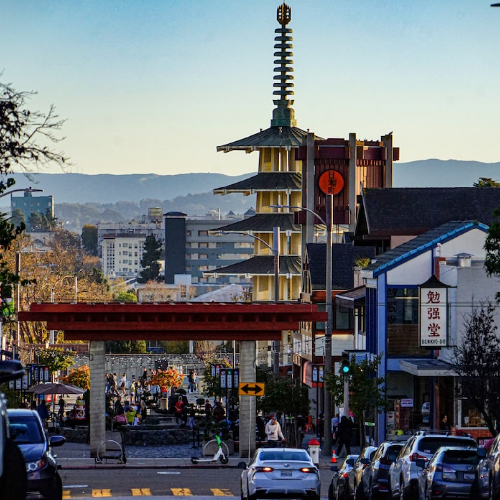 Pedestrian zon in Japantown showing the Peace Pagoda 