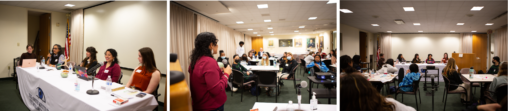 three images: 1. all panelists at the table with Preeti Verghese speaking into a microphone; 2. Haydee speaking to the students seated at tables; 3. view of the students with the panelists in the background