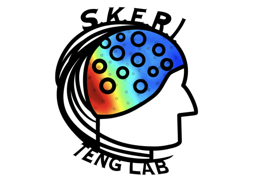 Stylized lab logo of head in profile wearing electrode cap, with text "SKERI" above and "Teng Lab" below