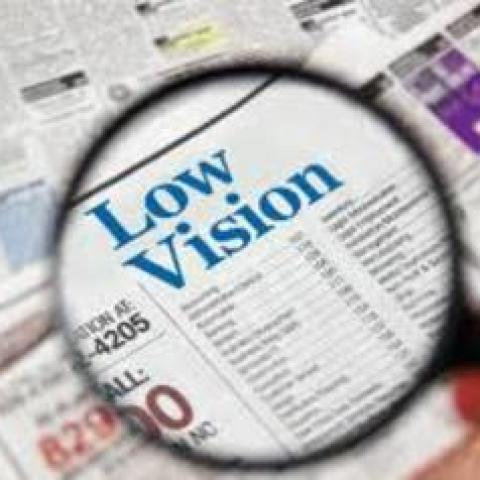 A magnifying glass is held above a newspaper, focusing on the text "low vision"