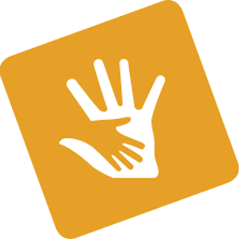 This icon depicts a small hand on top of a larger hand in white and orange