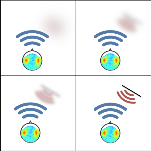 Four-panel schematic illustrating an echolocation target, initially blurry, becoming progressively more sharply defined.