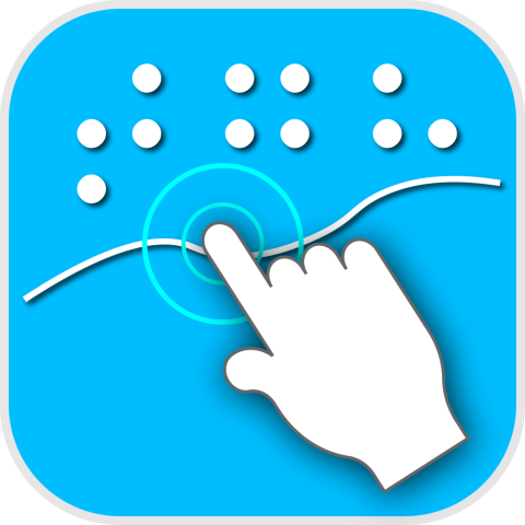 Icon showing a person's finger pointing to a tactile graphic that includes braille text