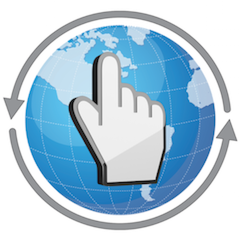 overTHERE icon: Globe image with pointing finger