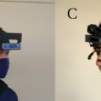 Sequential figure of multiple iterations of head-worn wearable device worn by multiple human participants