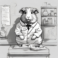 sketch of a guinea pig dressed up as a scientist in a science setting