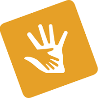 This icon depicts a small hand on top of a larger hand in white and orange