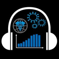 image of headphones encompassing virus, bar graph and caduceus icons