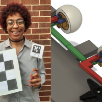 Kassia Love holding a checkerboard grid next to an engineering drawing of mechanized eyes