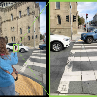 Person with visual impairment using a walk light detector app at a traffic intersection. Left photo shows user holding smartphone, right photo shows image acquired by app of traffic intersection including walk light.