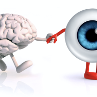 a cartoon rendering of an eyeball and a brain holding hands