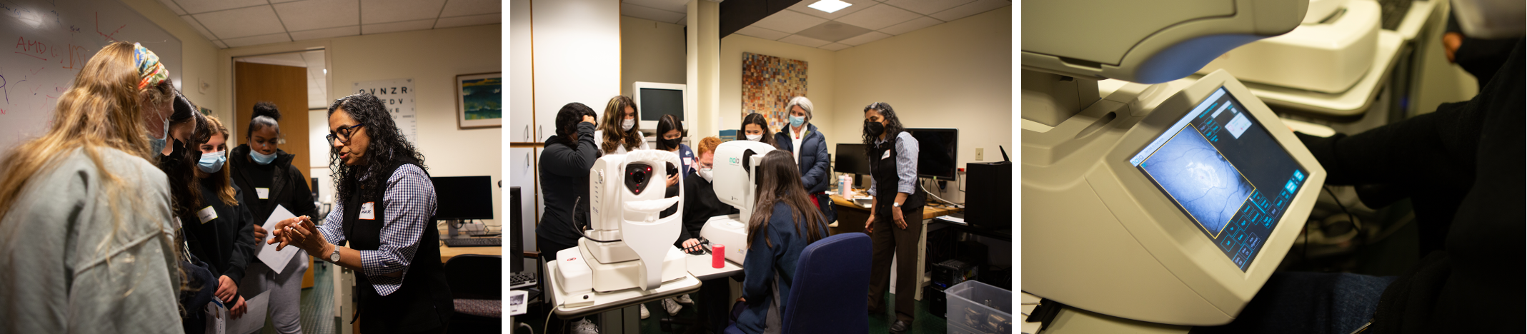 three images: 1. Preeti Verghese speaking to a group of students; 2. Students looking at a scanning laser ophthalmoscope; 2. image of a retina on an SLO