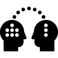 Two heads, each with a different braille symbol, face each other. An arc of dots connect them above.
