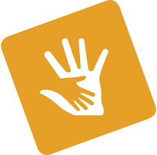 This icon depicts a small hand on top of a larger hand in white and orange