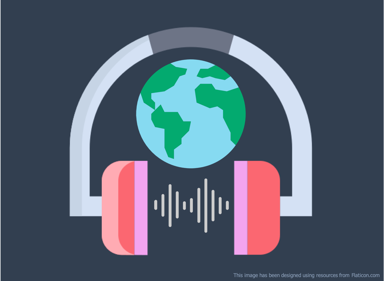 Headphone surrounding an image of the earth.