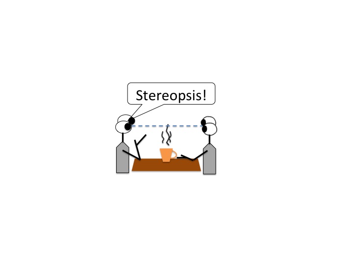 One person looking directly at another person and picking up a cup by the handle, illustrating peripheral stereopsis