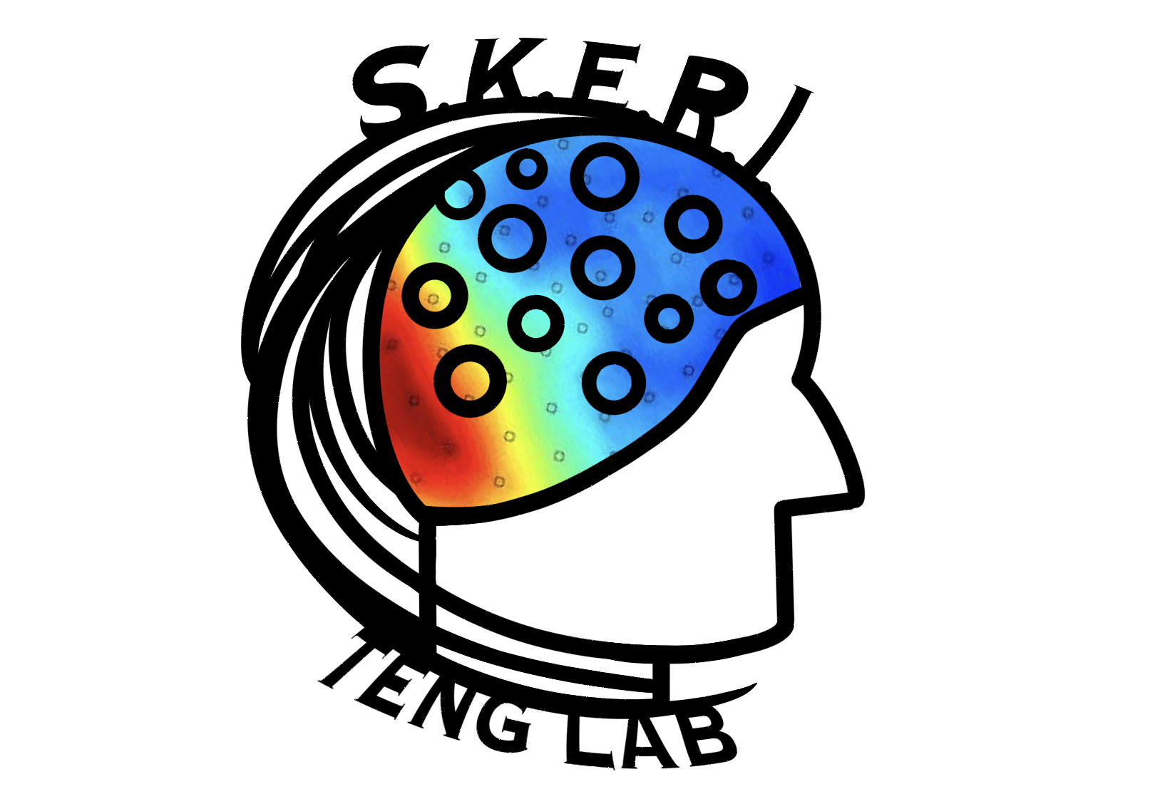 Stylized lab logo of head in profile wearing electrode cap, with text "SKERI" above and "Teng Lab" below