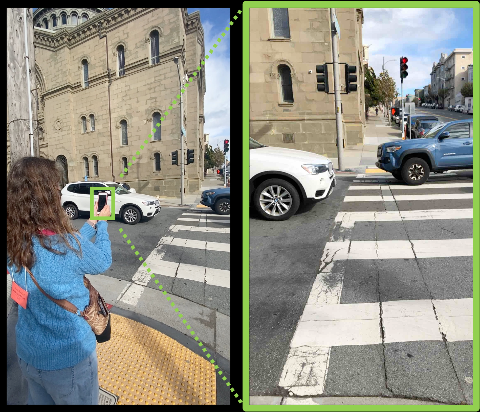 Person with visual impairment using a walk light detector app at a traffic intersection. Left photo shows user holding smartphone, right photo shows image acquired by app of traffic intersection including walk light.