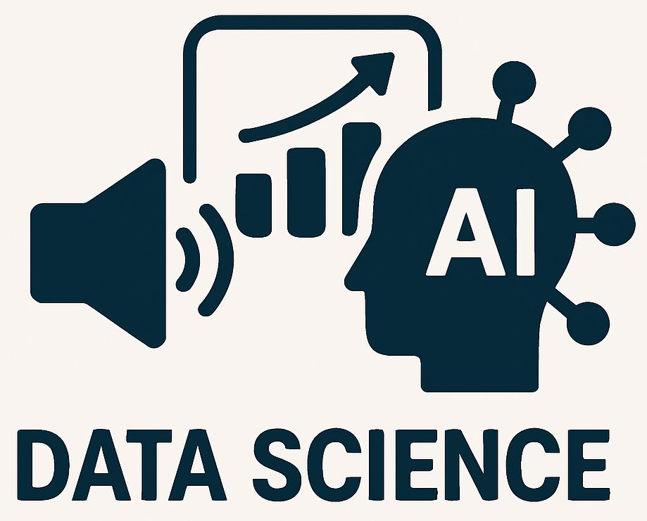 Data science logo showing schematic of bar plot, audio interface and AI assistant