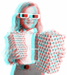 3D image rendering of a girl holding popcorn and wearing red/green glasses