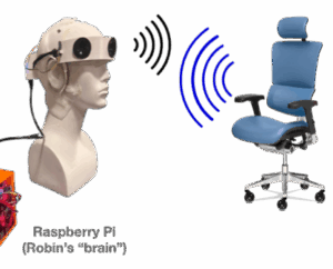 A mannequin head with the Robin device on it facing a chair that is reflecting the sound emitted by Robin