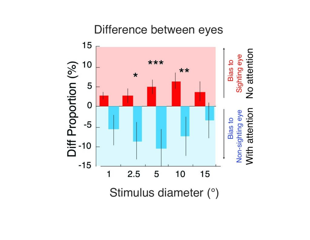 Graph illustrating the difference in visual perception between eyes, showing percentage differences based on stimulus diameter, with red bars indicating bias towards the sighting eye and blue bars indicating bias towards the non-sighting eye, under varying attention conditions.