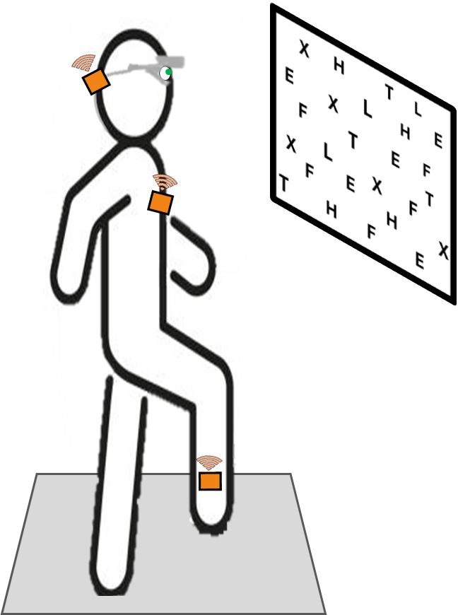 A cartoon figure of a participant walking in place while scanning for certain stimuli with their eyes.