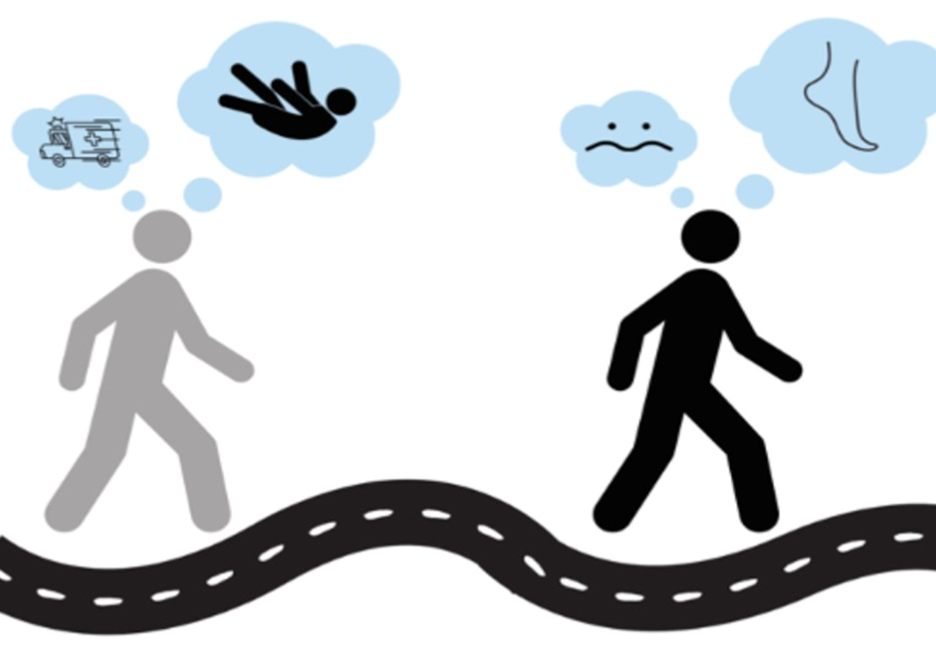 A cartoon of two individuals walking along a street with thought bubbles imagining a fall and an ambulance for one and consternation about foot placement in the other.