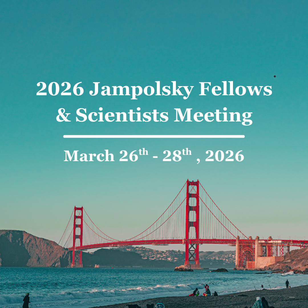 Promotional banner for the 2026 Jampolsky Fellows & Scientists Meeting. White text displays the event name and dates, March 26–28, 2026, over a scenic photograph of the Golden Gate Bridge viewed from Baker Beach at sunset. Square dimensions